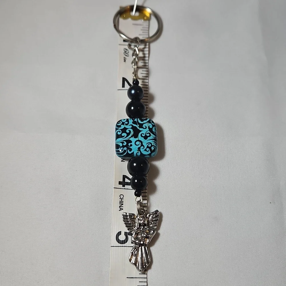 Hand Crafted Silver Angel Black Blue Beaded Keychain